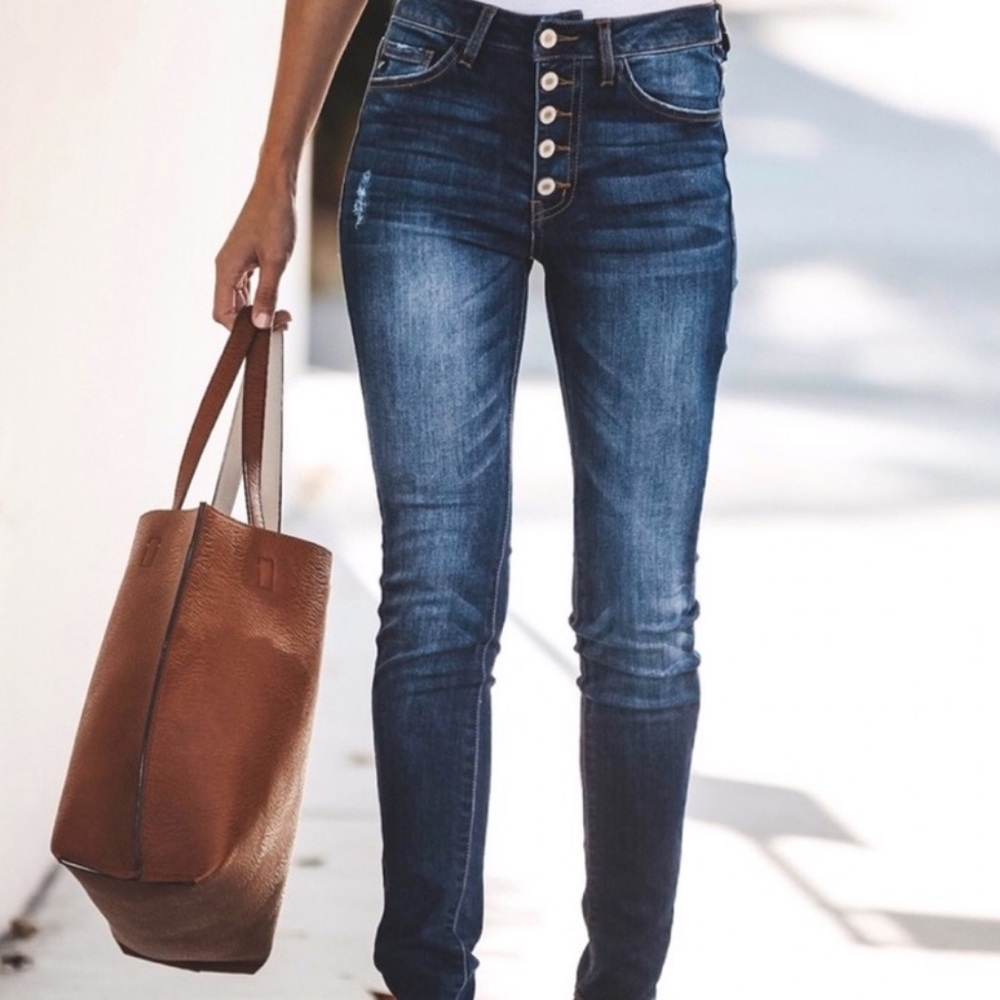 High Waisted Button Front Skinny Jeans - Picture 1 of 5